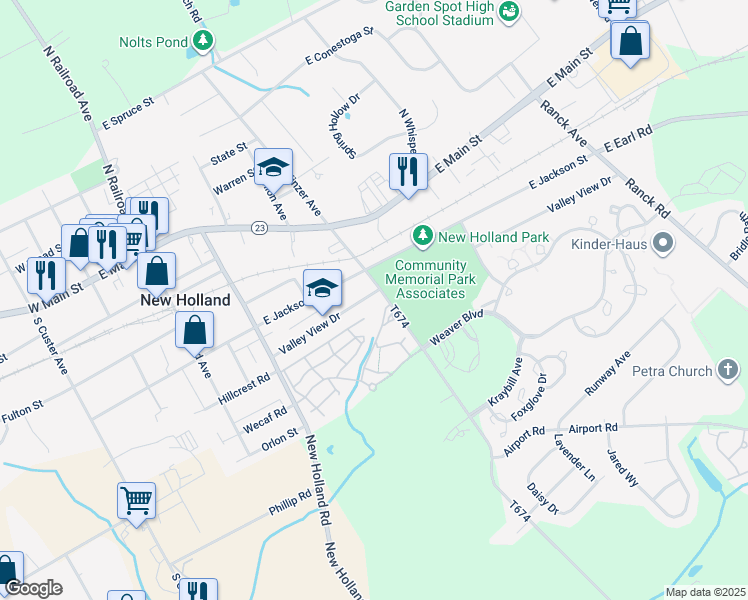 map of restaurants, bars, coffee shops, grocery stores, and more near 394 Valley View Drive in New Holland