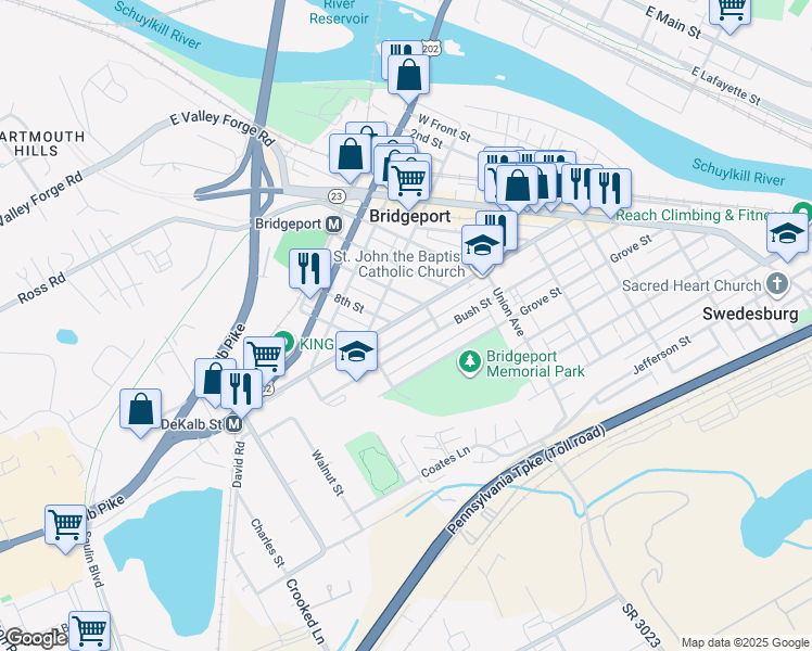 map of restaurants, bars, coffee shops, grocery stores, and more near 725 Beech Court in Bridgeport
