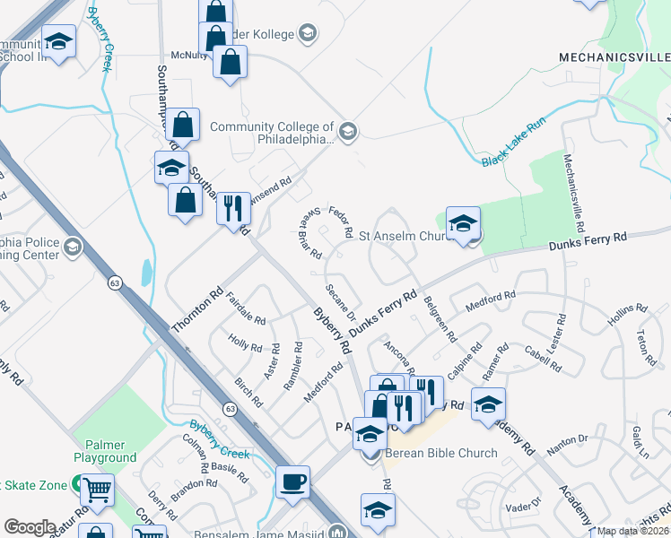 map of restaurants, bars, coffee shops, grocery stores, and more near 3016 Secane Place in Philadelphia