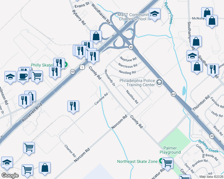 map of restaurants, bars, coffee shops, grocery stores, and more near 2829 Comly Road in Philadelphia