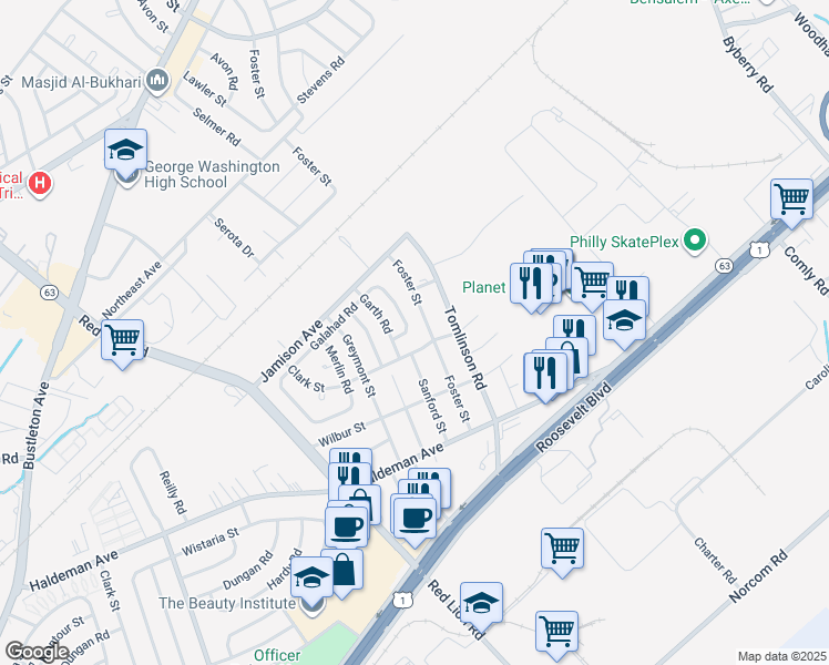 map of restaurants, bars, coffee shops, grocery stores, and more near 1887 Foster Street in Philadelphia