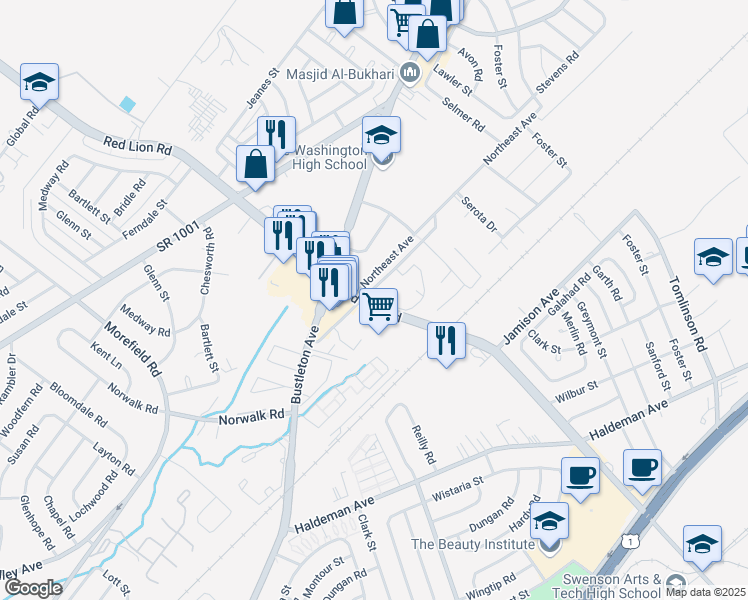 map of restaurants, bars, coffee shops, grocery stores, and more near 10120 Northeast Avenue in Philadelphia