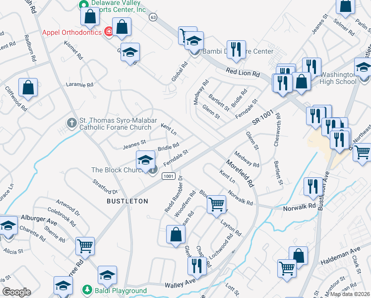 map of restaurants, bars, coffee shops, grocery stores, and more near 9878 Bridle Road in Philadelphia