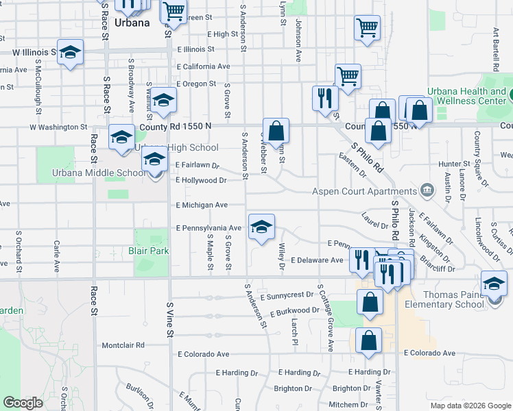 map of restaurants, bars, coffee shops, grocery stores, and more near 1208 South Anderson Street in Urbana