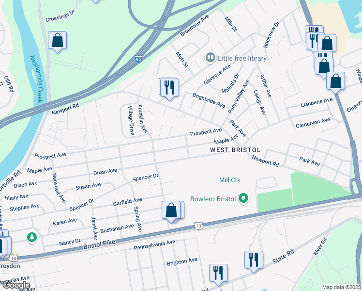 map of restaurants, bars, coffee shops, grocery stores, and more near 2151 Maple Avenue in Croydon
