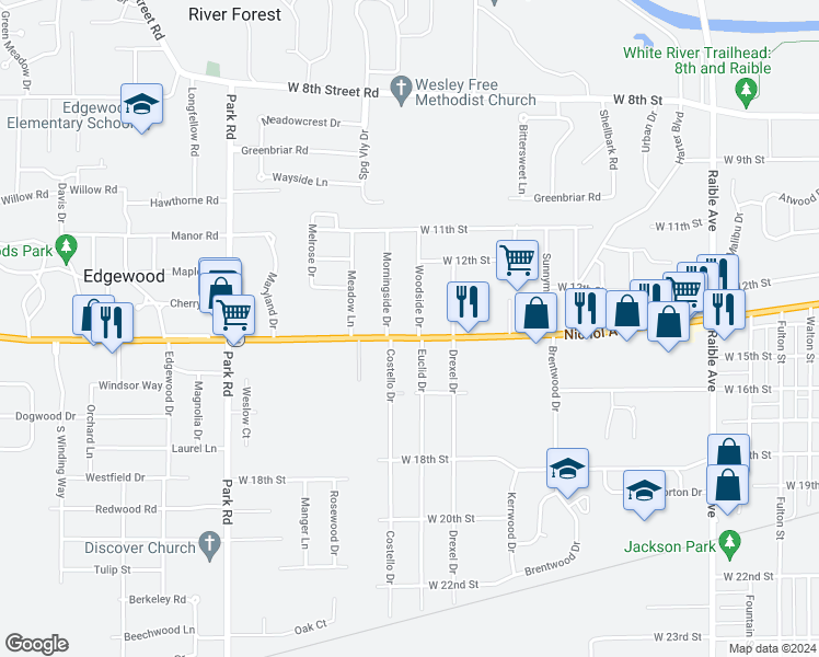 map of restaurants, bars, coffee shops, grocery stores, and more near 3008 Nichol Avenue in Anderson