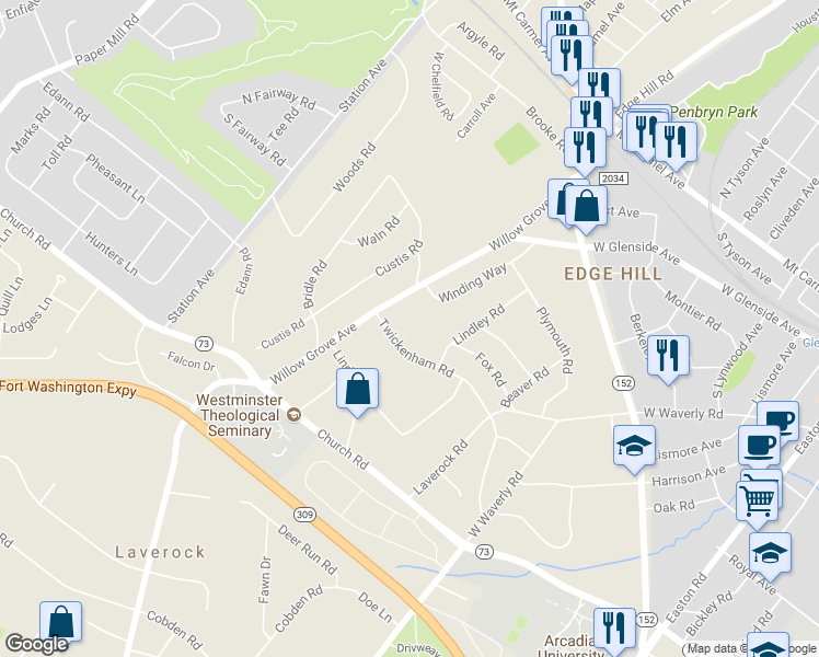 map of restaurants, bars, coffee shops, grocery stores, and more near 623 Twickenham Road in Glenside