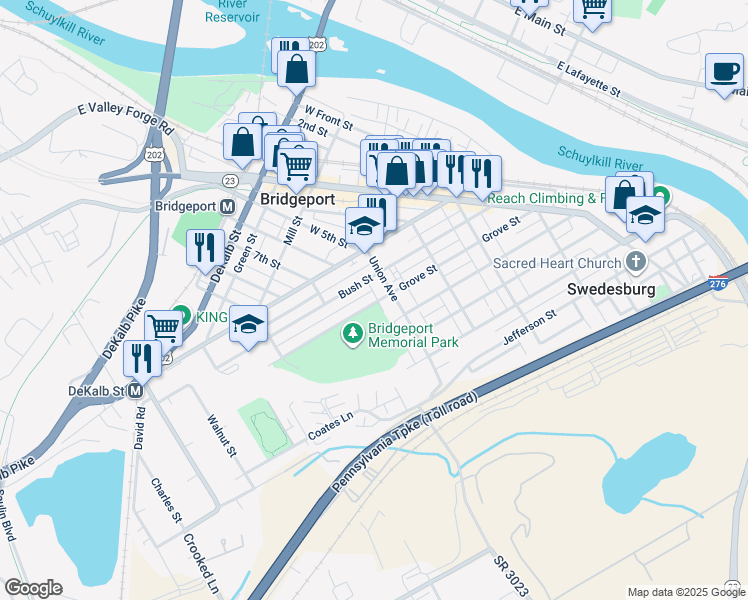 map of restaurants, bars, coffee shops, grocery stores, and more near 623 Grove Street in Bridgeport