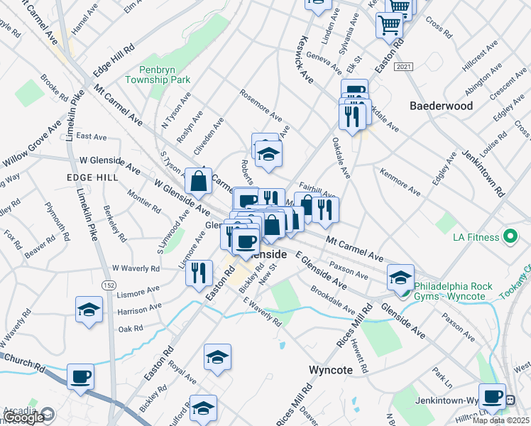 map of restaurants, bars, coffee shops, grocery stores, and more near 116 Roberts Avenue in Glenside