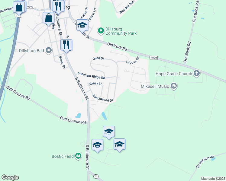 map of restaurants, bars, coffee shops, grocery stores, and more near 37 Beechwood Drive in Dillsburg