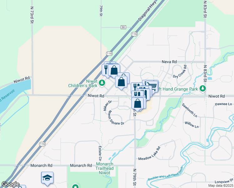map of restaurants, bars, coffee shops, grocery stores, and more near 290 2nd Avenue in Niwot
