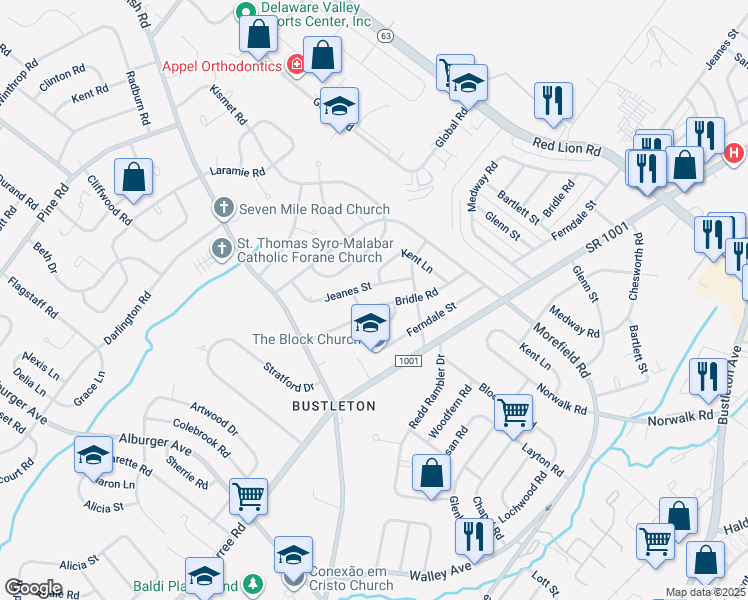 map of restaurants, bars, coffee shops, grocery stores, and more near 9812 Bridle Road in Philadelphia