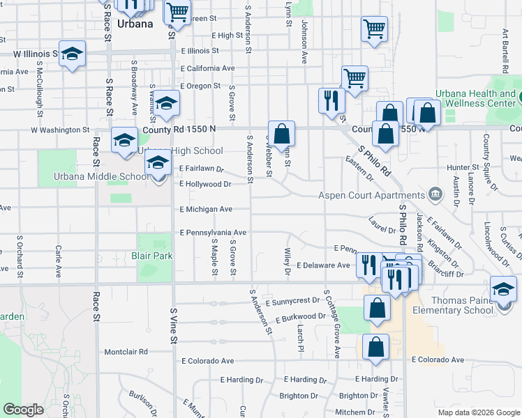 map of restaurants, bars, coffee shops, grocery stores, and more near 1208 South Anderson Street in Urbana