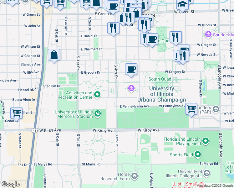 map of restaurants, bars, coffee shops, grocery stores, and more near 1280 South 4th Street in Champaign