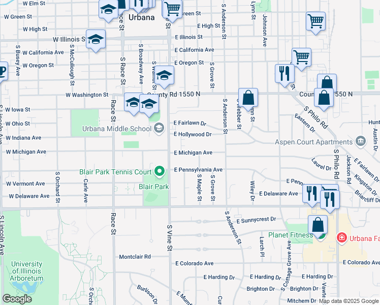 map of restaurants, bars, coffee shops, grocery stores, and more near 308 East Michigan Avenue in Urbana