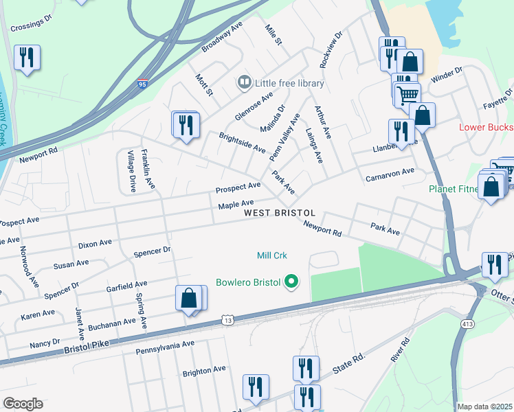 map of restaurants, bars, coffee shops, grocery stores, and more near 2360 Maple Avenue in Croydon