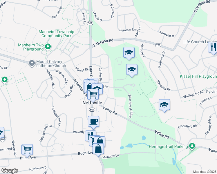 map of restaurants, bars, coffee shops, grocery stores, and more near School Road in Lancaster