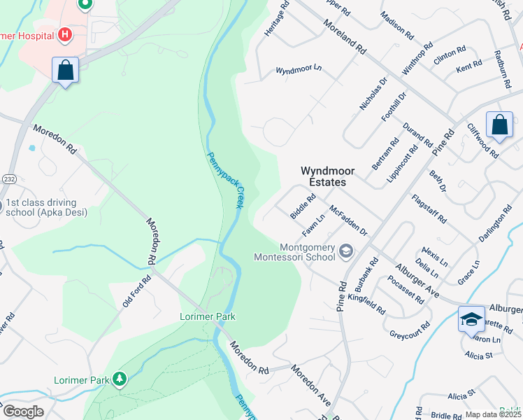 map of restaurants, bars, coffee shops, grocery stores, and more near 1612 Pennypack Road in Montgomery County