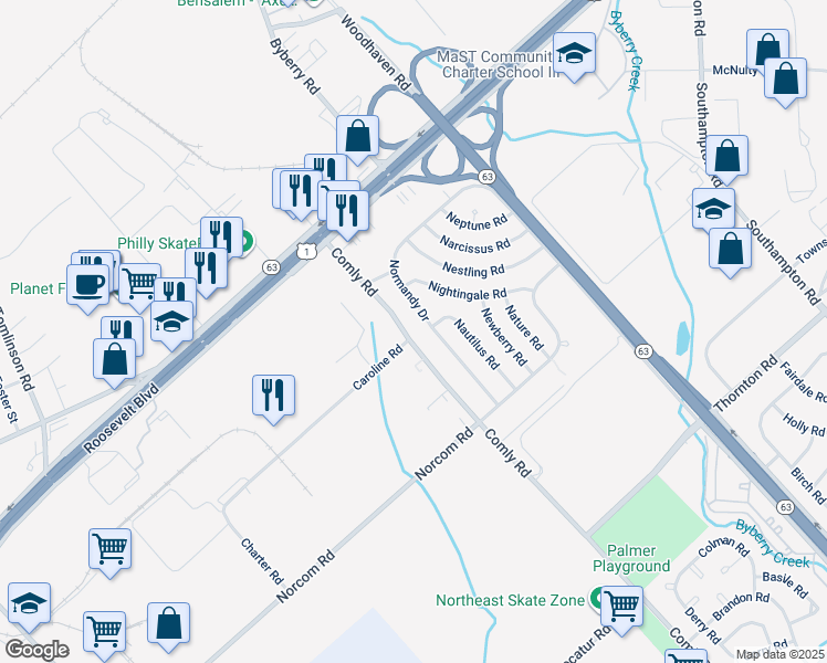 map of restaurants, bars, coffee shops, grocery stores, and more near 2839 Comly Road in Philadelphia