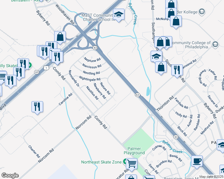 map of restaurants, bars, coffee shops, grocery stores, and more near 2830 Norcom Road in Philadelphia