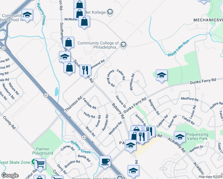 map of restaurants, bars, coffee shops, grocery stores, and more near 12469 Barbary Place in Philadelphia