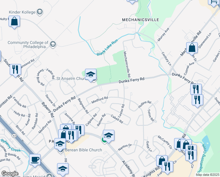 map of restaurants, bars, coffee shops, grocery stores, and more near 12757 Dunks Ferry Road in Philadelphia