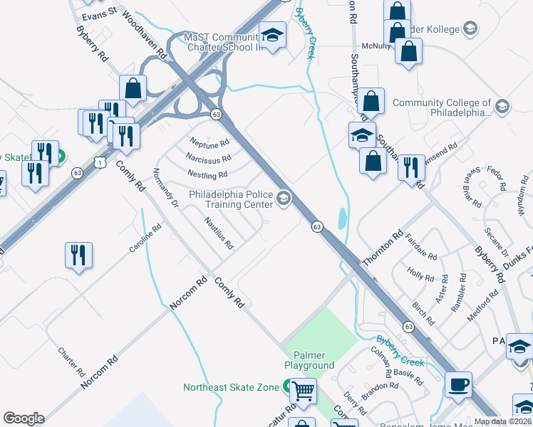 map of restaurants, bars, coffee shops, grocery stores, and more near 2855 Norcom Road in Philadelphia