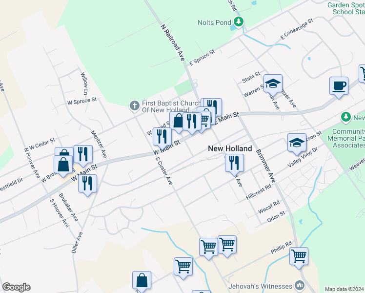 map of restaurants, bars, coffee shops, grocery stores, and more near 104 East Main Street in New Holland