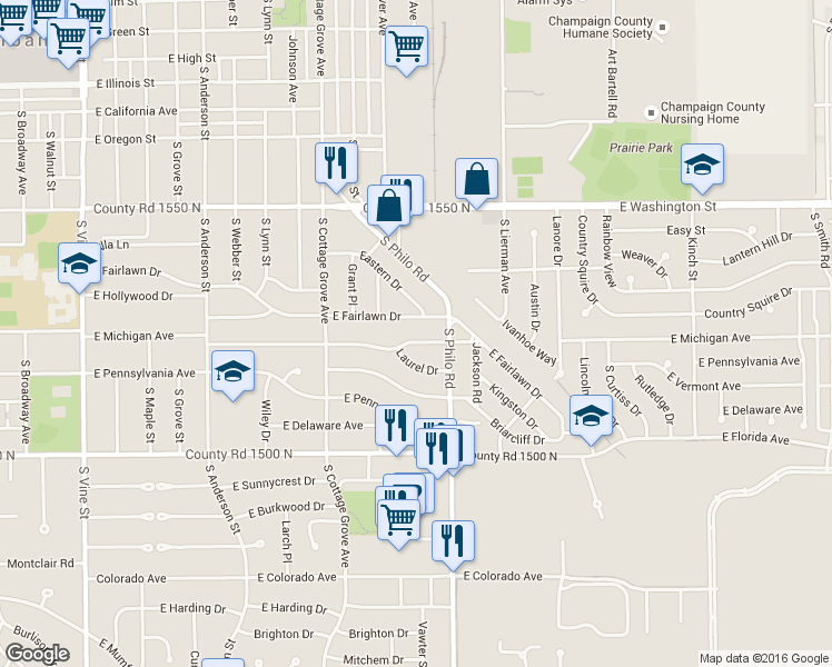map of restaurants, bars, coffee shops, grocery stores, and more near 1308 East Fairlawn Drive in Urbana