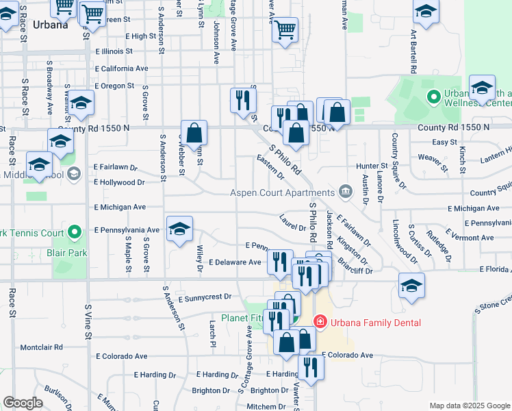 map of restaurants, bars, coffee shops, grocery stores, and more near 1204 East Fairlawn Drive in Urbana