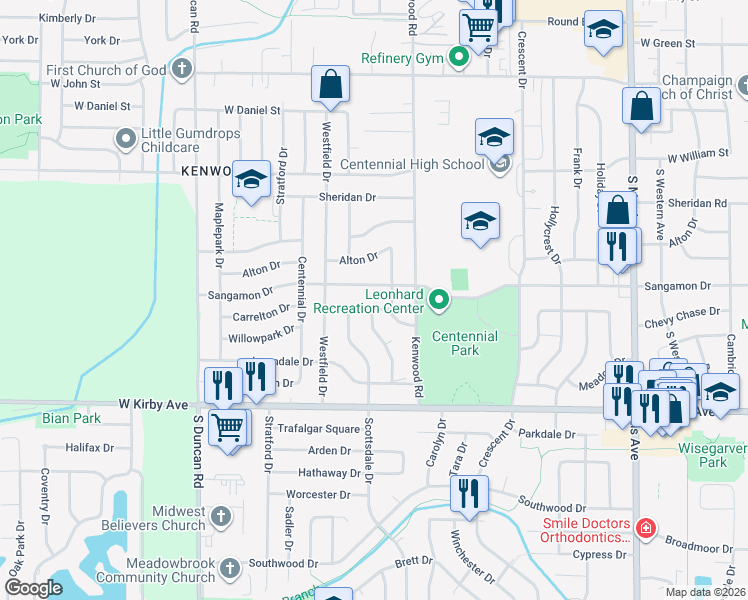 map of restaurants, bars, coffee shops, grocery stores, and more near 2502 Sangamon Drive in Champaign