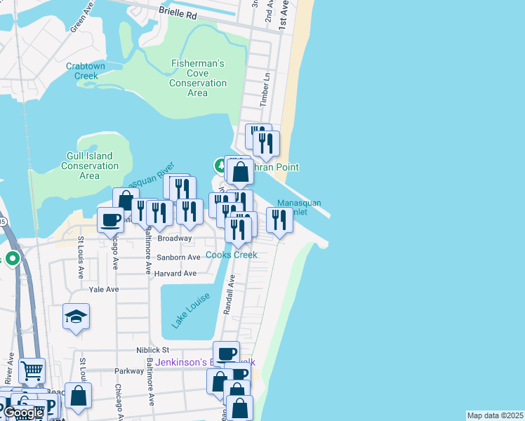 map of restaurants, bars, coffee shops, grocery stores, and more near 54 Harborhead Drive in Point Pleasant Beach