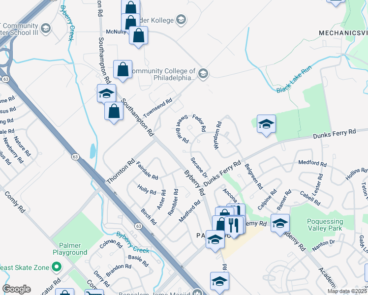 map of restaurants, bars, coffee shops, grocery stores, and more near 12469 Barbary Place in Philadelphia