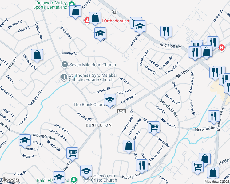map of restaurants, bars, coffee shops, grocery stores, and more near 9818 Bridle Road in Philadelphia