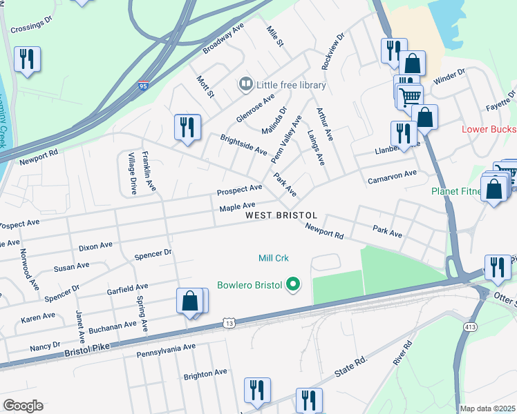 map of restaurants, bars, coffee shops, grocery stores, and more near 2360 Maple Avenue in Croydon