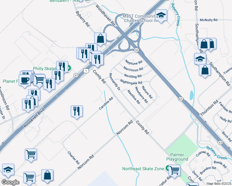 map of restaurants, bars, coffee shops, grocery stores, and more near 2839 Comly Road in Philadelphia