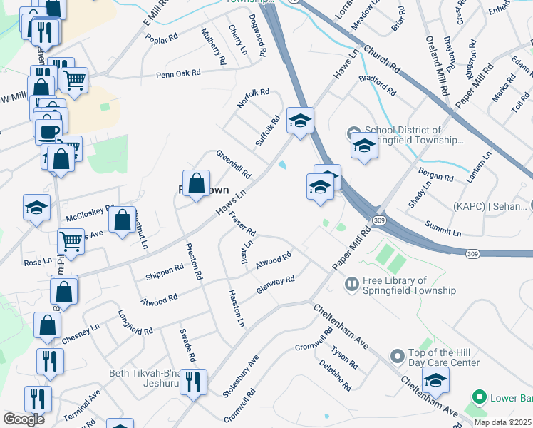 map of restaurants, bars, coffee shops, grocery stores, and more near 350 Haws Lane in Flourtown