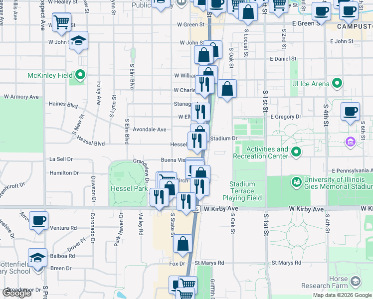 map of restaurants, bars, coffee shops, grocery stores, and more near in Champaign