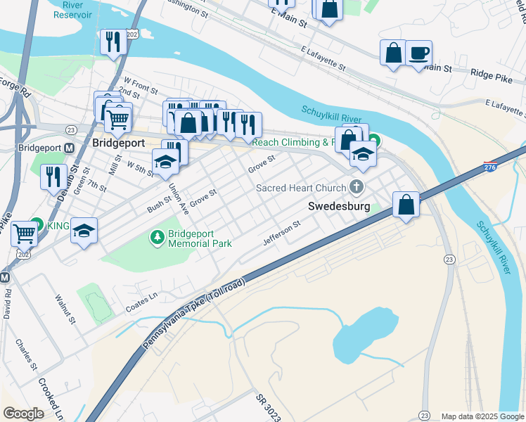 map of restaurants, bars, coffee shops, grocery stores, and more near 421 Holstein Street in Bridgeport