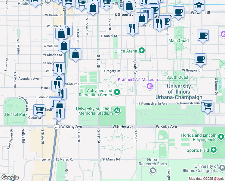 map of restaurants, bars, coffee shops, grocery stores, and more near 202 East Peabody Drive in Champaign