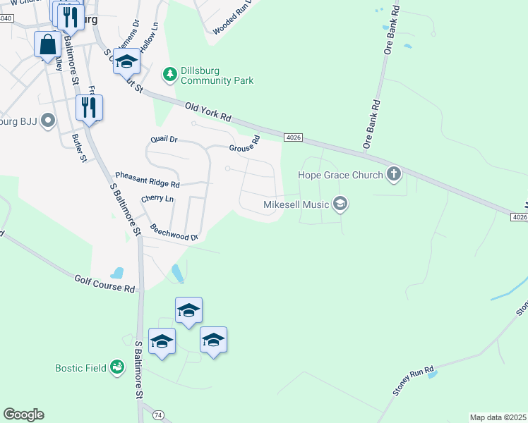 map of restaurants, bars, coffee shops, grocery stores, and more near 1156 Park Avenue in Dillsburg