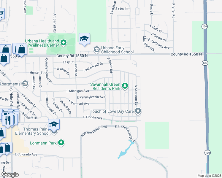 map of restaurants, bars, coffee shops, grocery stores, and more near 1312 South Smith Road in Urbana