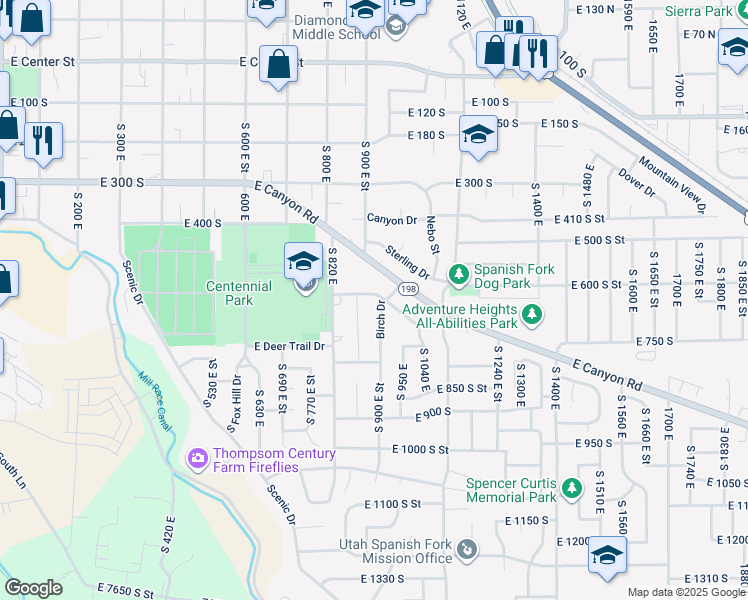map of restaurants, bars, coffee shops, grocery stores, and more near 610 Birch Drive in Spanish Fork