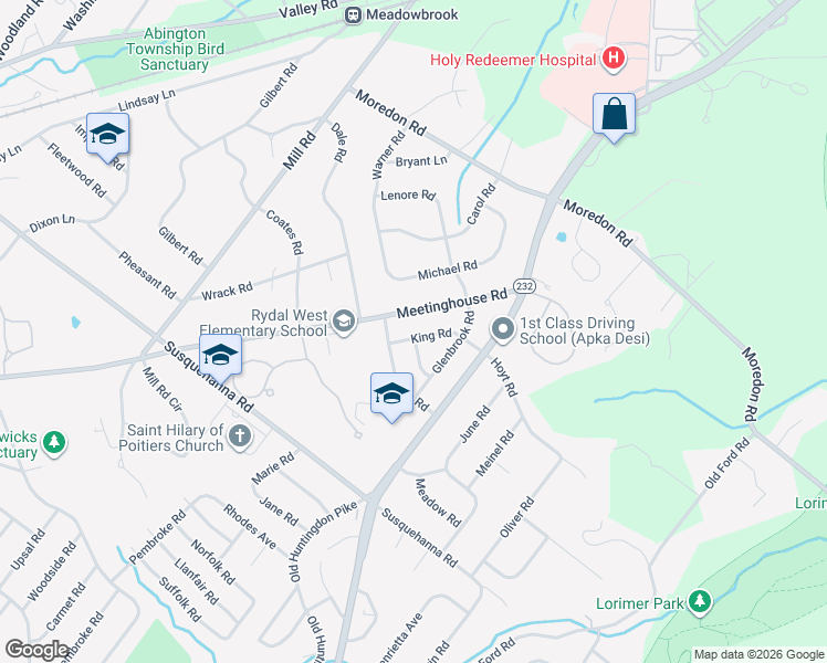 map of restaurants, bars, coffee shops, grocery stores, and more near 1325 Meetinghouse Road in Meadowbrook