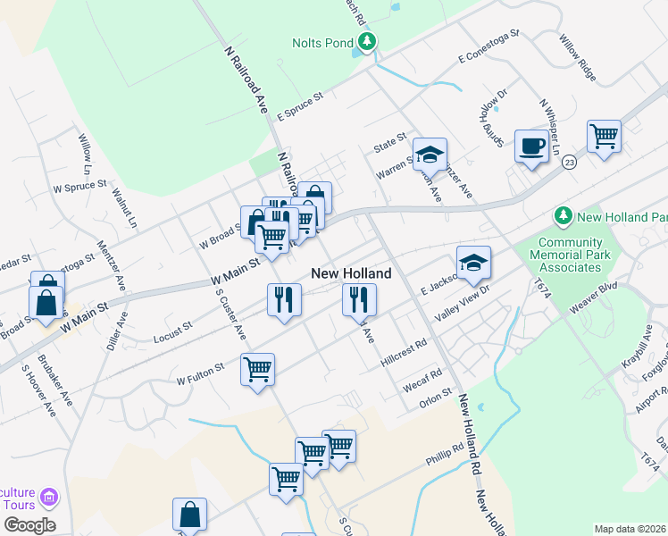 map of restaurants, bars, coffee shops, grocery stores, and more near in New Holland