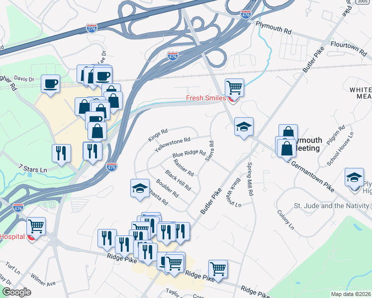 map of restaurants, bars, coffee shops, grocery stores, and more near 117 Yellowstone Road in Plymouth Meeting