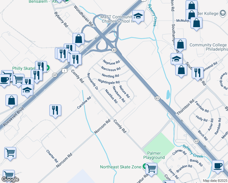 map of restaurants, bars, coffee shops, grocery stores, and more near 2820 Newberry Road in Philadelphia