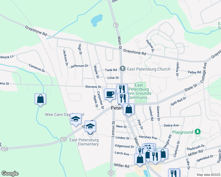 map of restaurants, bars, coffee shops, grocery stores, and more near 1928 Broad Street in East Petersburg