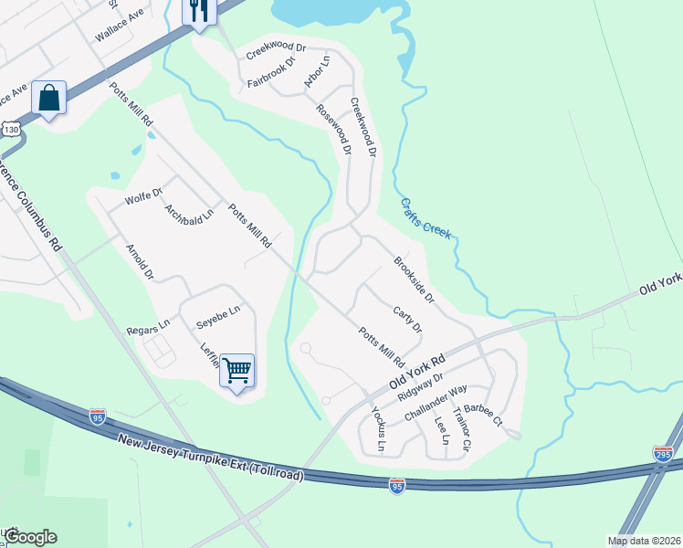 map of restaurants, bars, coffee shops, grocery stores, and more near 15 Buttonwood Drive in Bordentown