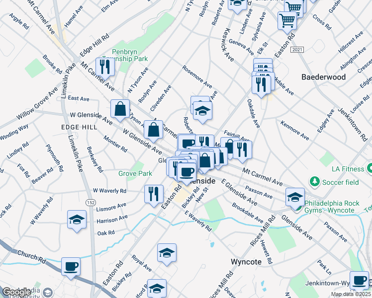 map of restaurants, bars, coffee shops, grocery stores, and more near 100 Mount Carmel Avenue in Glenside